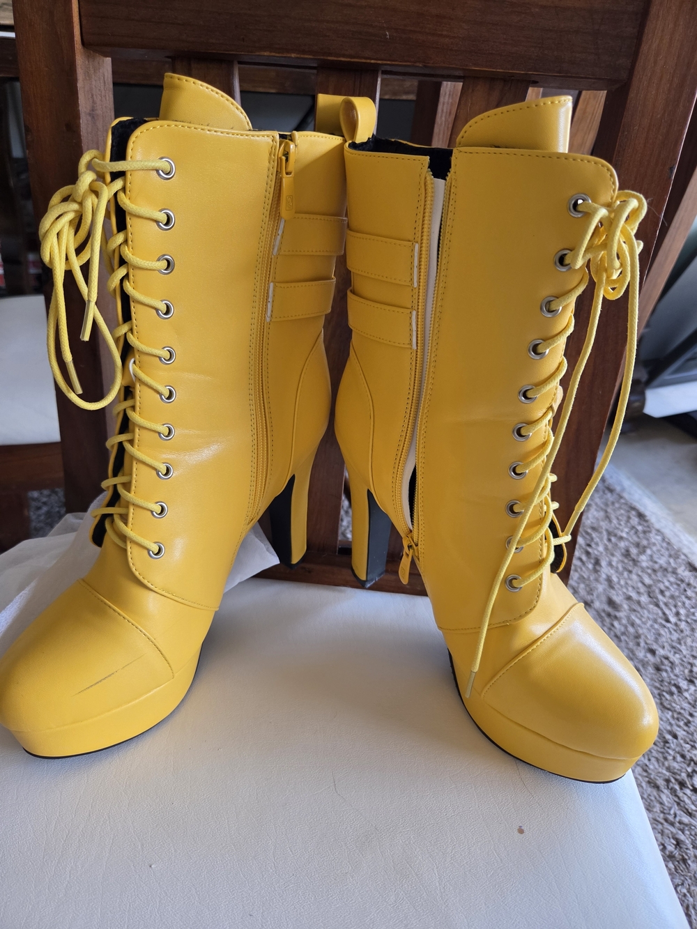 Yellow Lace-Up High Heel Women's Boots